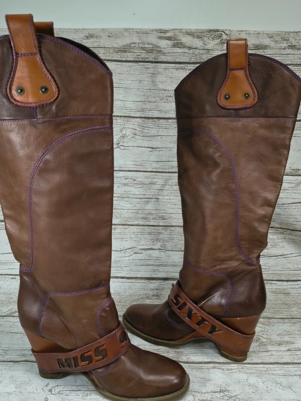 Miss Sixty Vintage Y2K Soft Brown Leather Purple Stitching Knee Wedge Boots 41